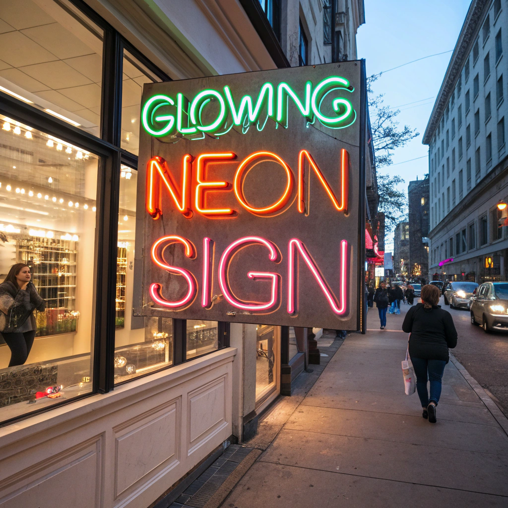 image a glowing neon sign or a storefront with yo